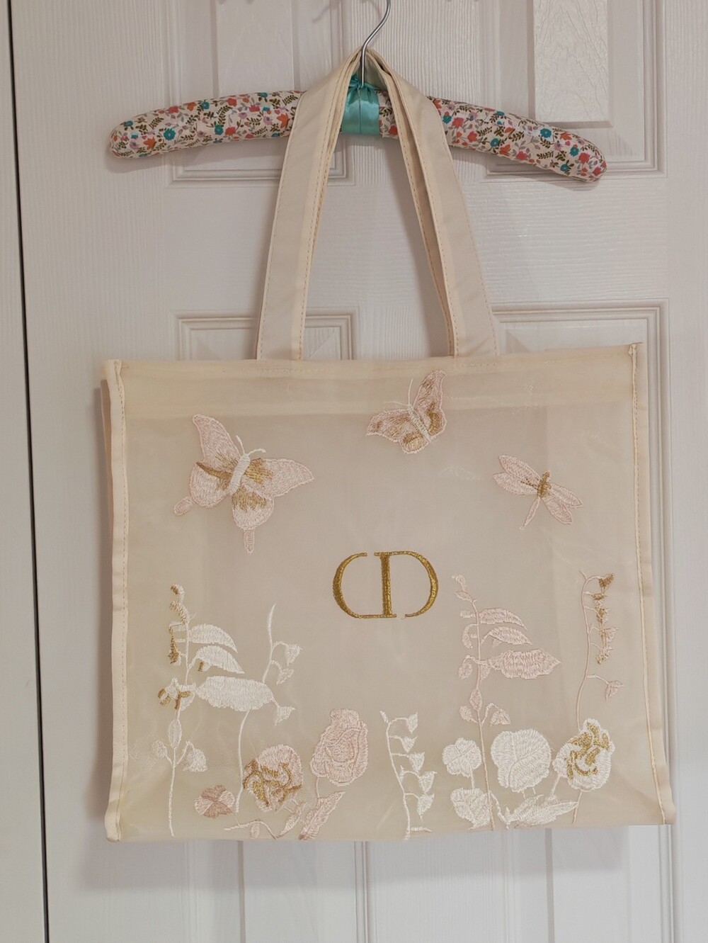 CD Embroidered Sheer Tote Bag in Cream